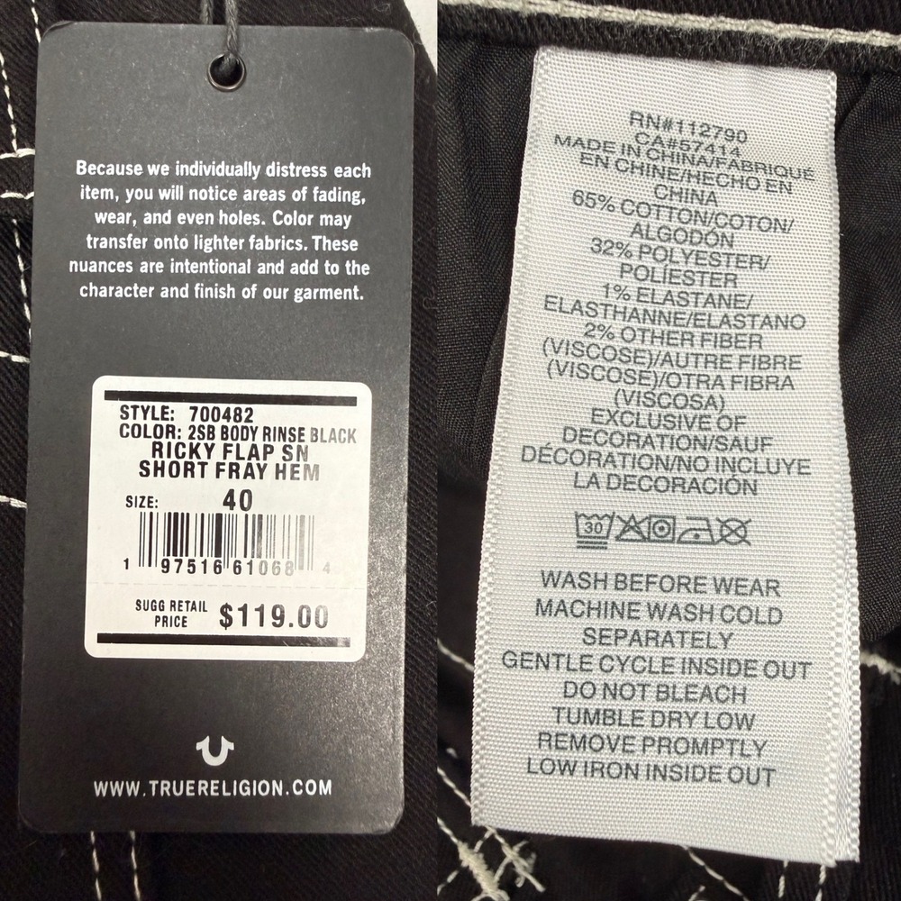 True Religion Ricky Flap Fray Relaxed Straight Black Denim Shorts Mens 40 (42") - Picture 4 of 8